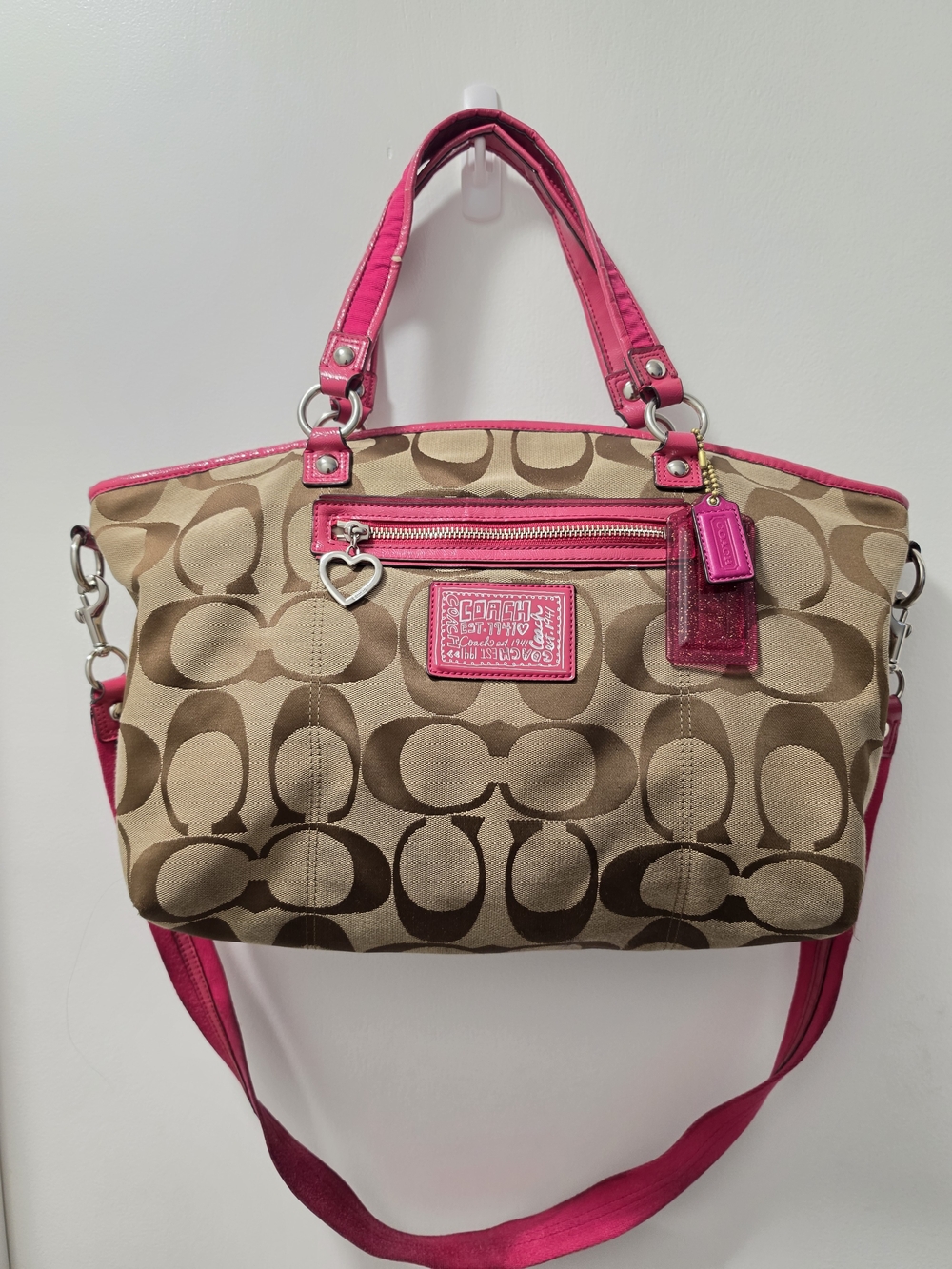 Coach Rocker Signature Canvas Tote with Pink Trim